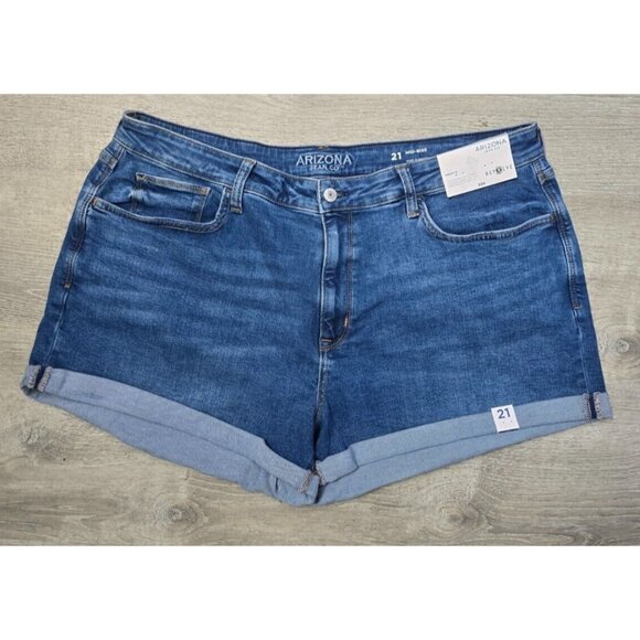 Arizona Jeans Juniors Button Fly Hi-Rise Blue Denim 4" Cuffed Shorts - Picture 1 of 5